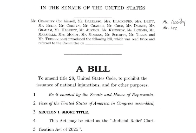 Title page of a U.S. Senate bill to ban most nationwide injunctions.