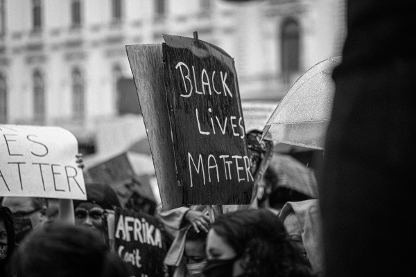 Black and white photo of protest