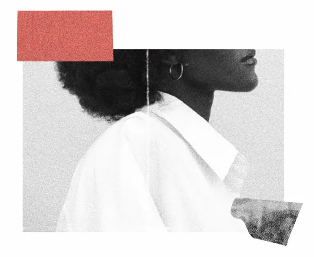 A cropped black-and-white portrait shows the shoulder, neck, and jawline of a Black woman wearing a white collared shirt, intersected by a red rectangular graphic.