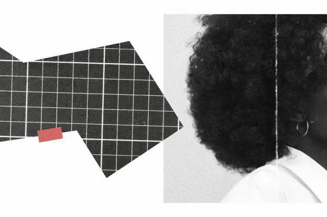 An abstract composition combines a close-up of textured hair from a black-and-white portrait with angular black grid shapes and a small red accent on a white background.