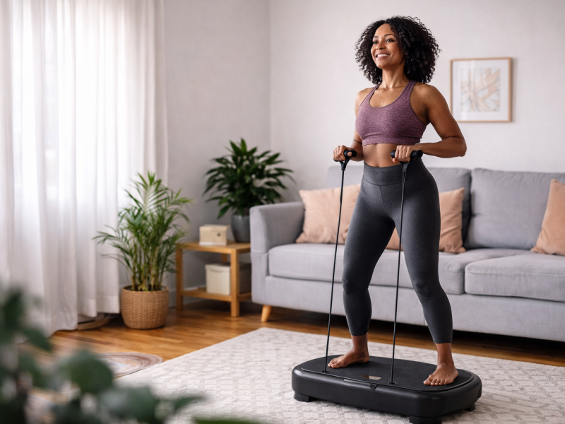 Woman using a vibration plate during a home workout