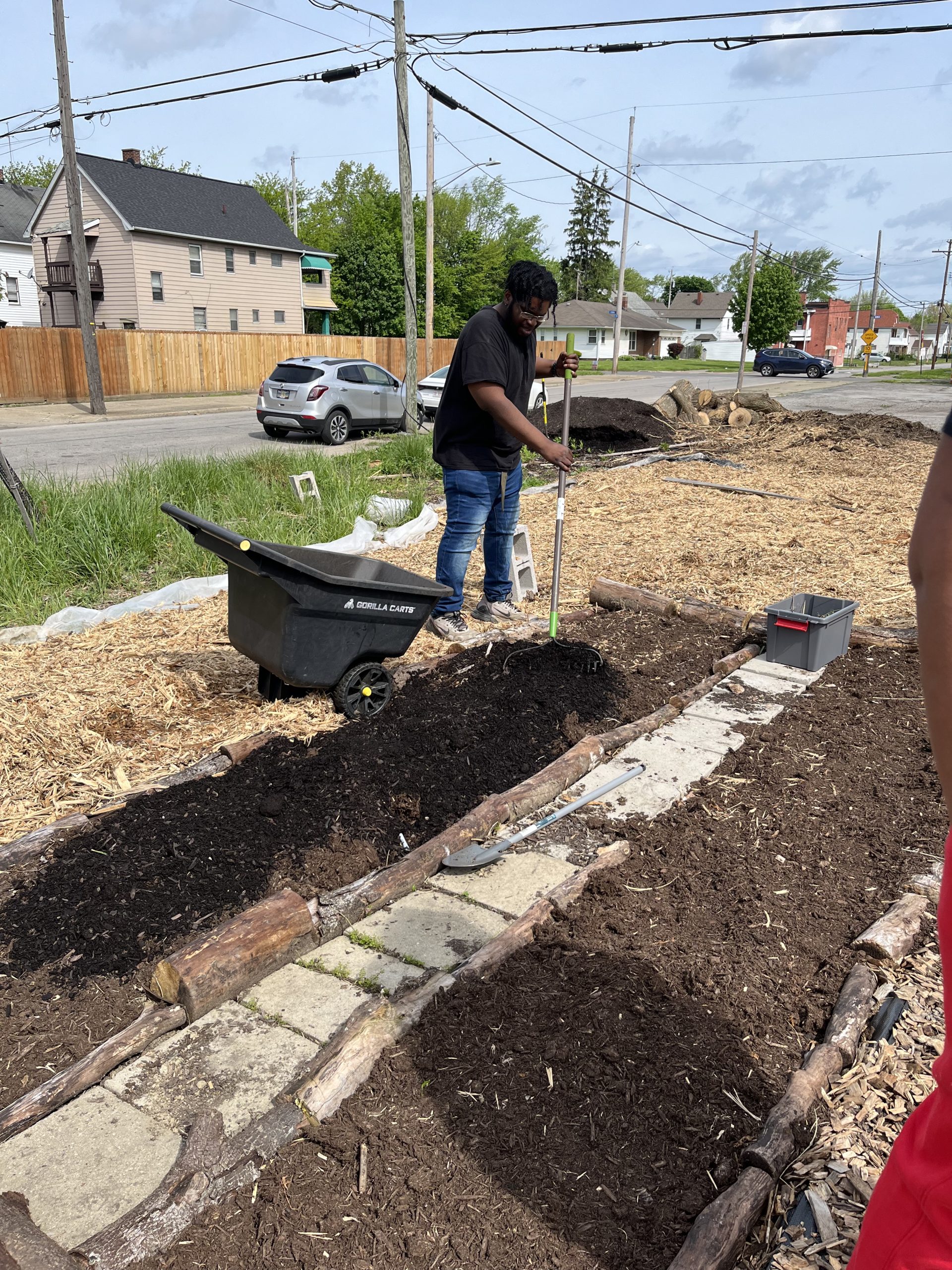 New wooden garden beds are filled with soil.