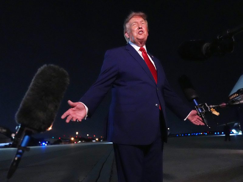 President Trump speaks to reporters after taking "decoy" plane