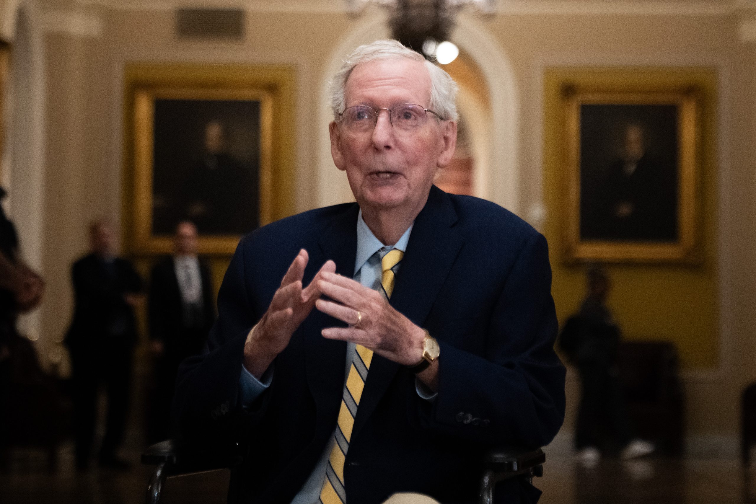 Sen. Mitch McConnel speaks to the press upon his return to Congress